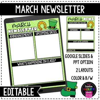 Preview of March Classroom Newsletter Template - EDITABLE - Print & Digital