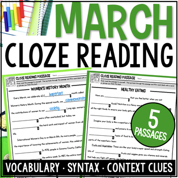 Preview of March Cloze Reading Passages St. Patrick's Day, Women's History Month, Spring