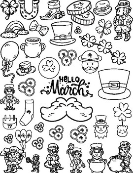 Preview of March Coloring Page- Leprechaun- shamrock- four leaf clover- gold
