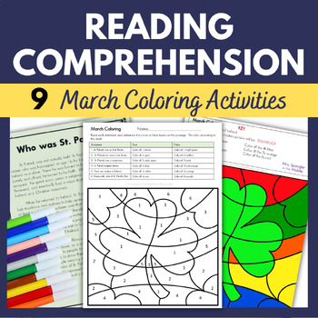 Preview of March Coloring Pages with Reading Comprehension Passage Sub Plans Early Finisher