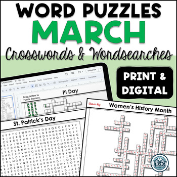Preview of March Crossword Puzzles & Word Search - Middle & High School - Print & Digital