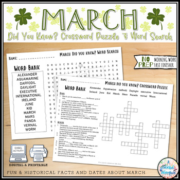 Preview of March Crossword & Word Search Early Finisher Activity Digital Resource Included