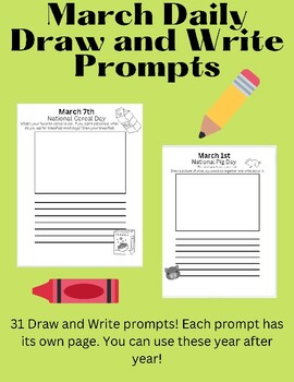 March Daily Journal Prompts- 31 engaging draw and write prompts | TPT