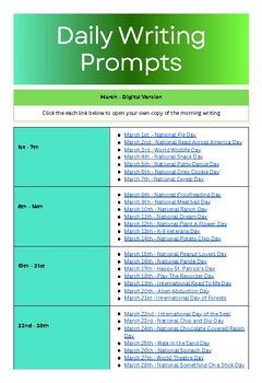 Preview of March Daily Writing Prompts