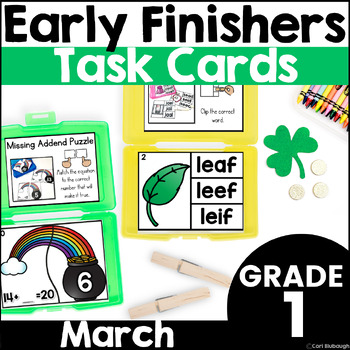 Preview of March Early Finisher Activity Phonics and Math Task Card Boxes for 1st Grade