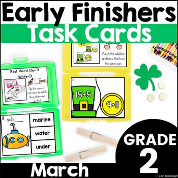 Preview of March Early Finisher Phonics and Math Activity Task Card Boxes for 2nd Grade