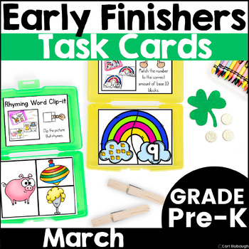 Preview of March Early Finisher Activity Spring Phonics and Math Task Card Boxes for Pre-K