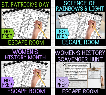 Preview of March Escape Room Bundle: St. Patrick's Day & Women's History Month Activities