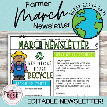 Preview of March Farm Newsletter Template *Editable: Farmer Recycling for Earth Day