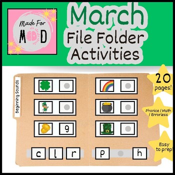 Preview of MARCH File Folder Activities | St. Patrick's Day | Math, ELA, Errorless Tasks