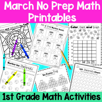 Preview of March First Grade No Prep Math Worksheet Packet + TpT EASEL Activity