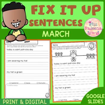 March Fix it Up Sentences | Print & Digital | Google Slides by Miss Faleena