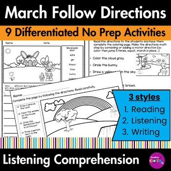 Preview of Following Directions & Listening Comprehension Skills March Coloring Pages