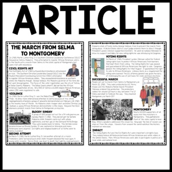 March From Selma to Montgomery Reading Comprehension Worksheet, Civil