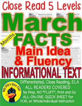 Preview of March Fun FACTS Close Read 5 Levels Differentiated Fluency, Main Idea, ELA List