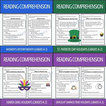 Preview of March Holidays Reading Comprehension Passages Bundle (Grades K-2)