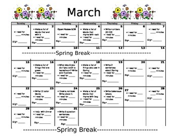 March Homework Calendar-Editable by Kindergarten Life | TPT