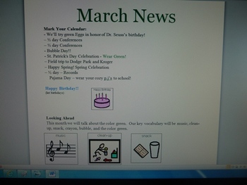 Preview of March Interactive Newsletter with Boardmaker symbols for non-verbal learners