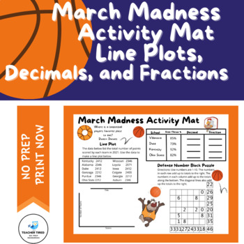 Preview of March Madness Activity Mat, Line Plots, Math Puzzles, Decimals, Fractions