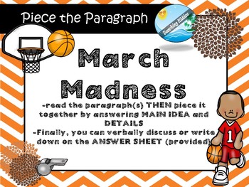 Preview of March Madness   MAIN IDEA / CONTEXT CLUES passage with  puzzle game
