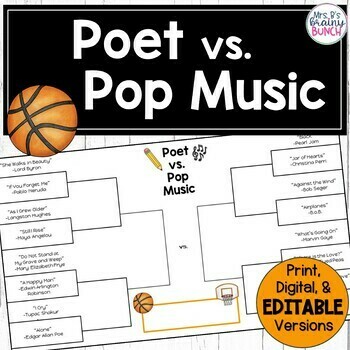 Preview of March Madness Poetry Competition | Poems vs Pop Music | Print-Digital-Editable