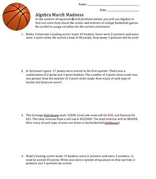 Preview of March Madness Systems of Equations Worksheet