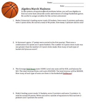 March Madness Systems of Equations Worksheet | TpT