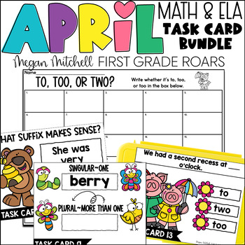 Preview of April Math & ELA Task Card Activities Centers, Scoot, & Morning Tubs