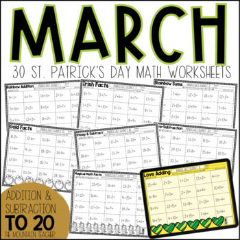 Preview of St. Patricks Day Adding and Subtracting Up To 20 Worksheets | Math Fact Fluency