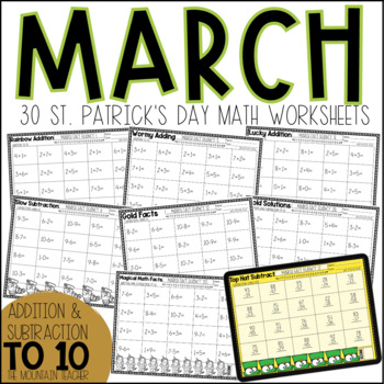 Preview of St. Patricks Day Addition & Subtraction Within 10 Worksheets | Math Fact Fluency