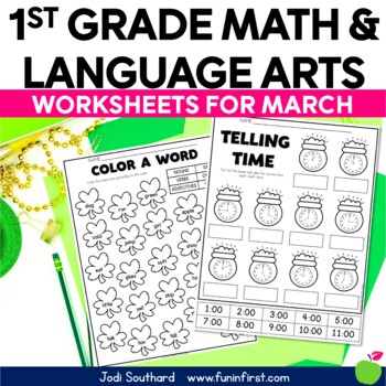 Preview of March Math & Language Arts Worksheets for 1st Grade - Saint Patrick's Day