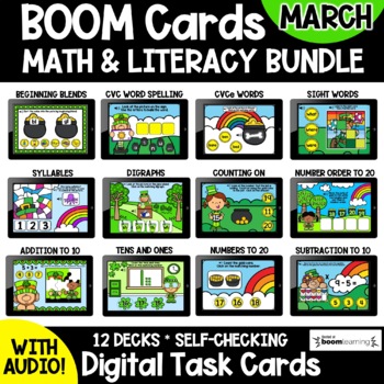 Preview of March Math & Literacy BOOM Cards BUNDLE | Digital Games | St. Patrick's Theme
