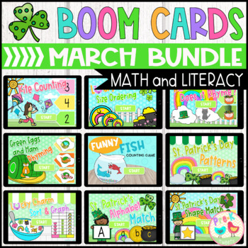 Preview of March Math and Literacy Boom Cards Bundle