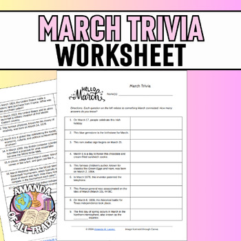 Preview of March Monthly Themed Trivia with Answer Key for Quiz Bowl, Academic Challenge