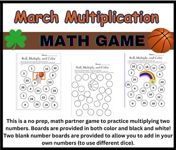 Preview of March Multiplication Partner Math Game | St. Patrick's Day and March Madness