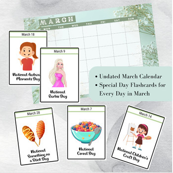 Preview of March National Days Flashcards and FREE Undated March Printable Calendar