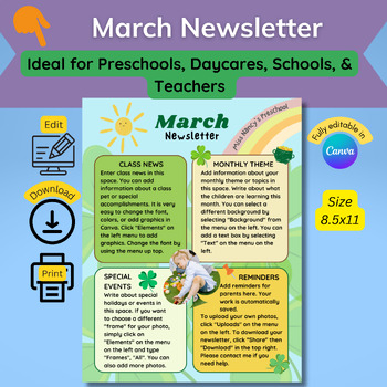 Preview of March Newsletter Template for schools, teachers, classrooms, preschools, daycare