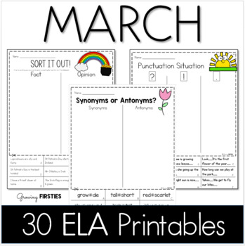 Preview of March No Prep ELA First Grade Printables with Digital