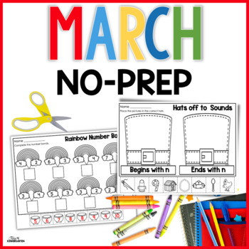 Preview of March No Prep Math and Literacy Worksheets for Kindergarten