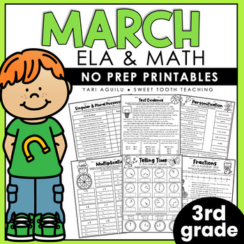 Preview of March No Prep Printables | 3rd Grade Spring Worksheets | Grammar, Reading & Math