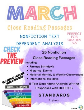 Preview of March NonFiction Passages, Writing Prompts, Text Dependent Questions - TDA