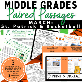 Preview of March Paired Passages | Middle Grades Writing Spiral Basketball and St. Patrick