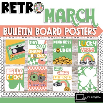 Preview of March Posters Bulletin Board St. Patrick's Day Posters Boho Retro Rainbow