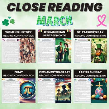 Preview of March Reading Comprehension Passages | March Holidays Close Reading