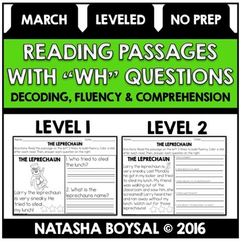 Preview of March Reading Comprehension Passages with "WH" Questions (Leveled)