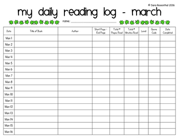 Preview of March Reading Log & Rubric