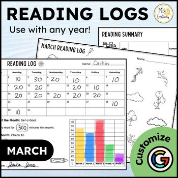 Preview of March Reading Logs - Editable Reading Log with Parent Signature & Summary Pages