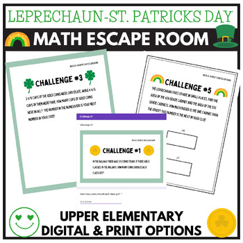 Preview of March St Patrick's Day Math Escape Room Upper Elementary DIGITAL + PAPER