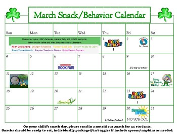 Preview of March Snack Calendar-editable