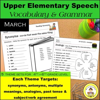 Preview of March Speech Therapy Upper Elementary Vocabulary & Grammar Themed Worksheets